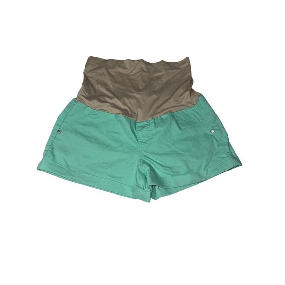 Celebrity Pink Maternity High-Waist Green Shorts With Beige Stretch Waistband - Picture 1 of 7